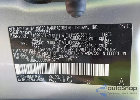 2011 Toyota Sienna Xle из США, поврежденный, VIN 5TDDK3DC8BS019297